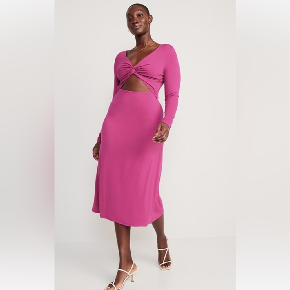 NWT Old Navy Pink Fit and Flare Twist-Front Cutout Midi Dress. Size Medium - Picture 3 of 8